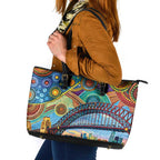 Australian Sydney Harbour Bridge Leather Tote Bag Aboriginal Dot Art