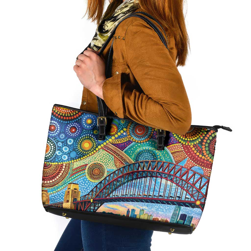 Australian Sydney Harbour Bridge Leather Tote Bag Aboriginal Dot Art