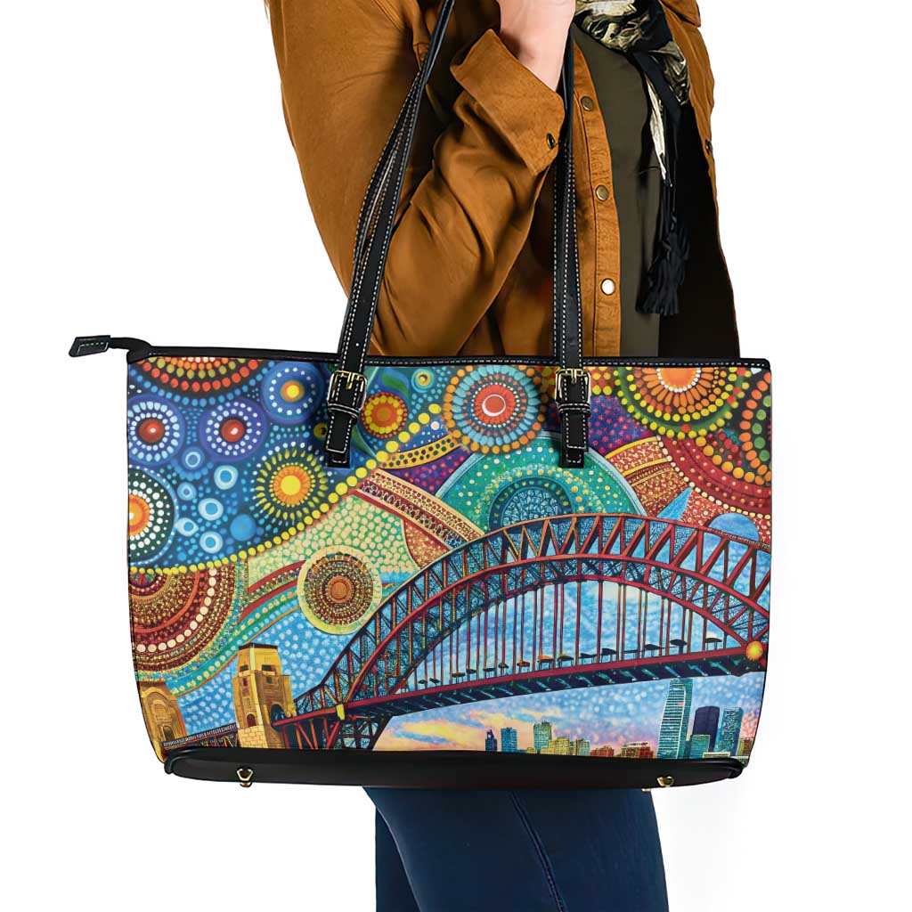Australian Sydney Harbour Bridge Leather Tote Bag Aboriginal Dot Art