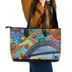 Australian Sydney Harbour Bridge Leather Tote Bag Aboriginal Dot Art