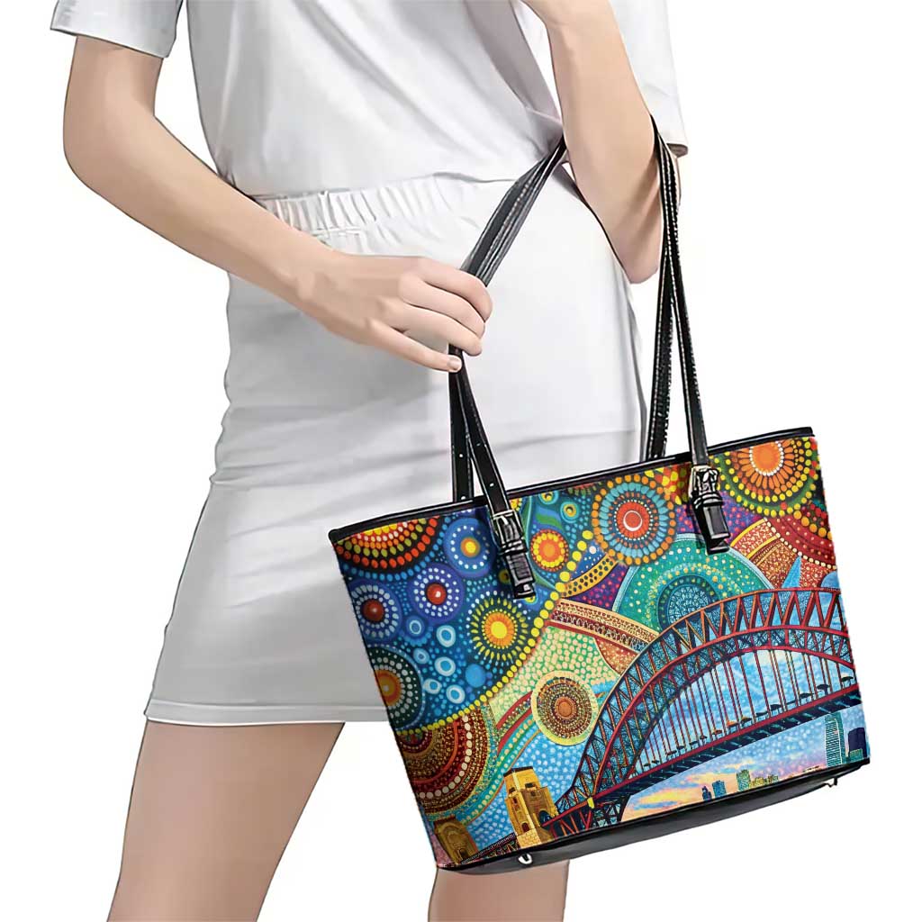 Australian Sydney Harbour Bridge Leather Tote Bag Aboriginal Dot Art