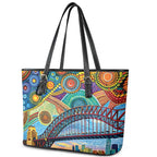 Australian Sydney Harbour Bridge Leather Tote Bag Aboriginal Dot Art