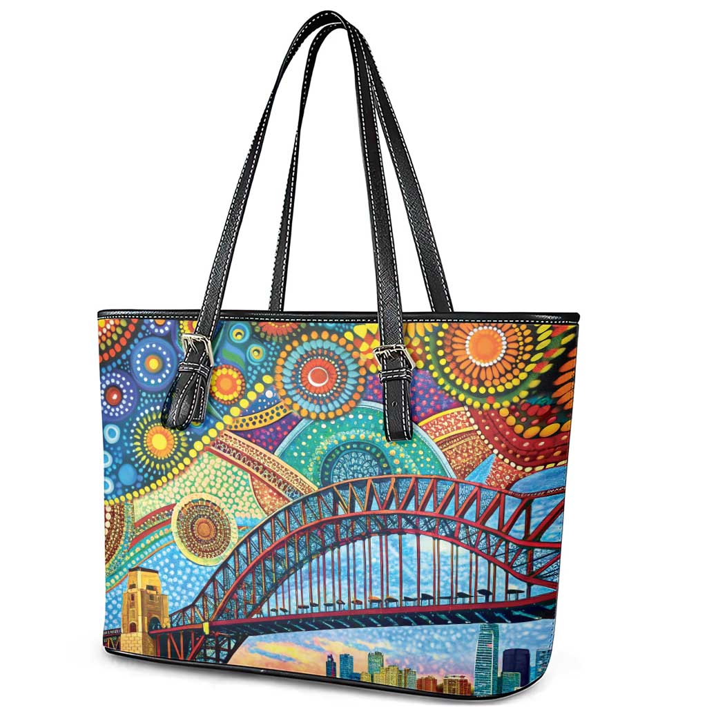Australian Sydney Harbour Bridge Leather Tote Bag Aboriginal Dot Art