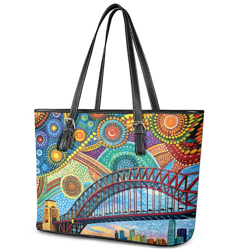 Australian Sydney Harbour Bridge Leather Tote Bag Aboriginal Dot Art