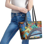 Australian Sydney Harbour Bridge Leather Tote Bag Aboriginal Dot Art