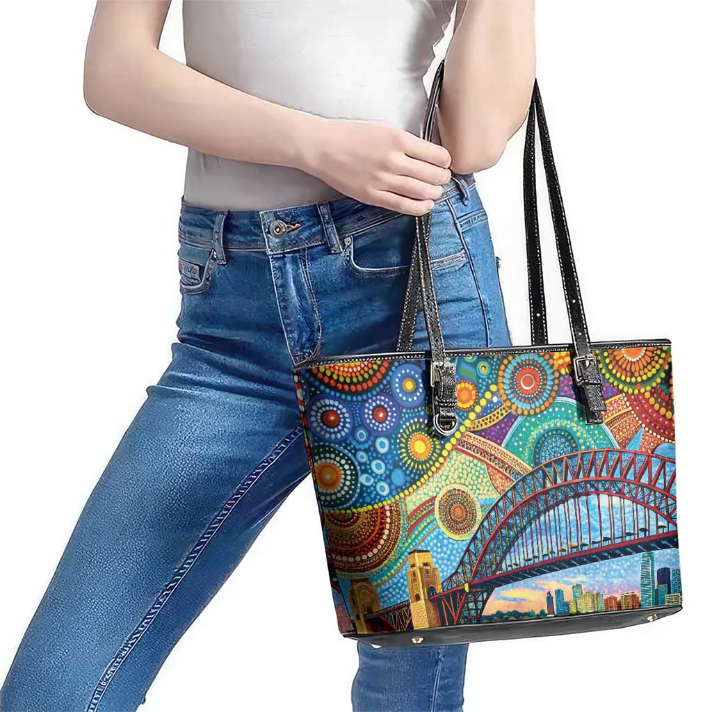 Australian Sydney Harbour Bridge Leather Tote Bag Aboriginal Dot Art