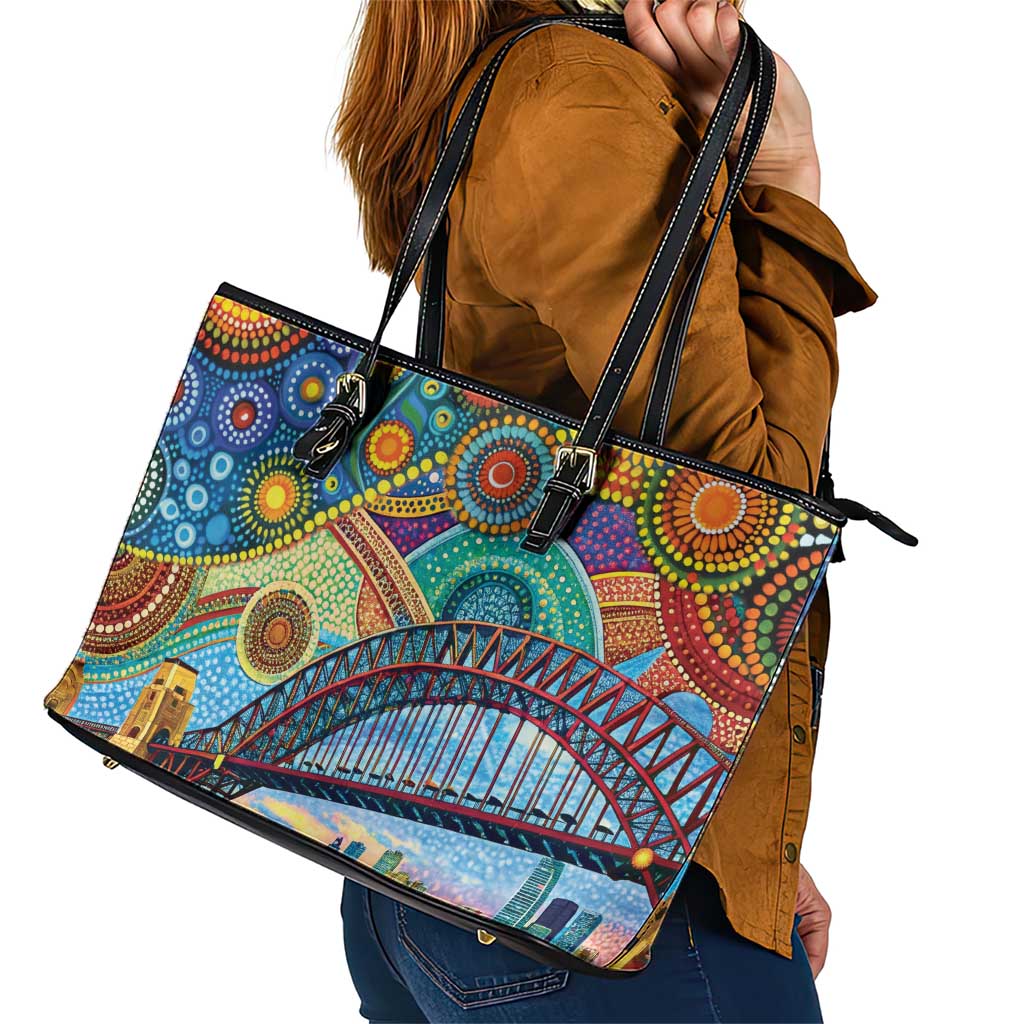 Australian Sydney Harbour Bridge Leather Tote Bag Aboriginal Dot Art