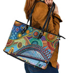 Australian Sydney Harbour Bridge Leather Tote Bag Aboriginal Dot Art
