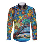 Australian Sydney Harbour Bridge Long Sleeve Button Shirt Aboriginal Dot Art