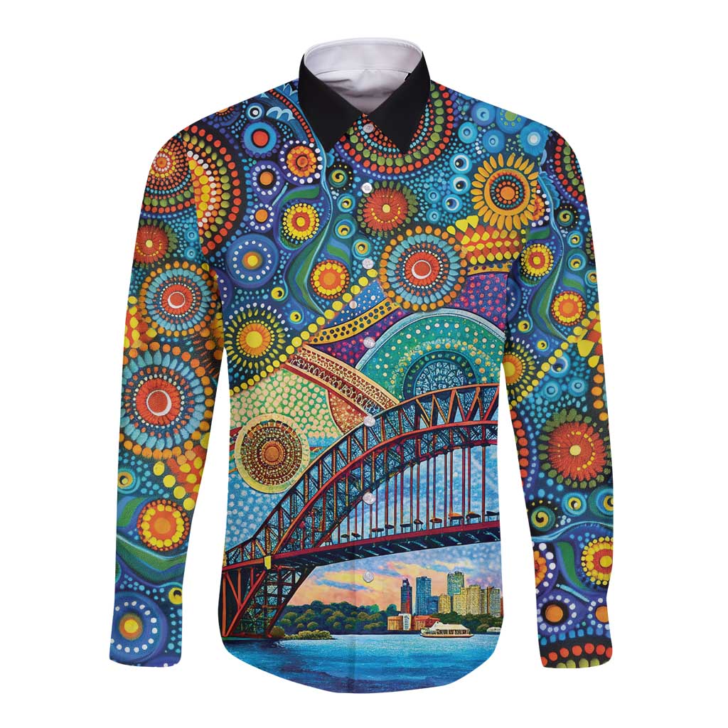 Australian Sydney Harbour Bridge Long Sleeve Button Shirt Aboriginal Dot Art