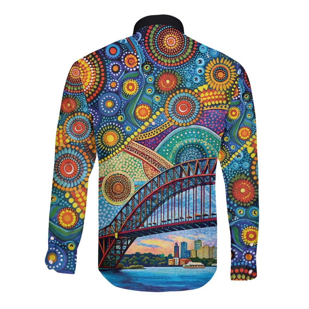 Australian Sydney Harbour Bridge Long Sleeve Button Shirt Aboriginal Dot Art