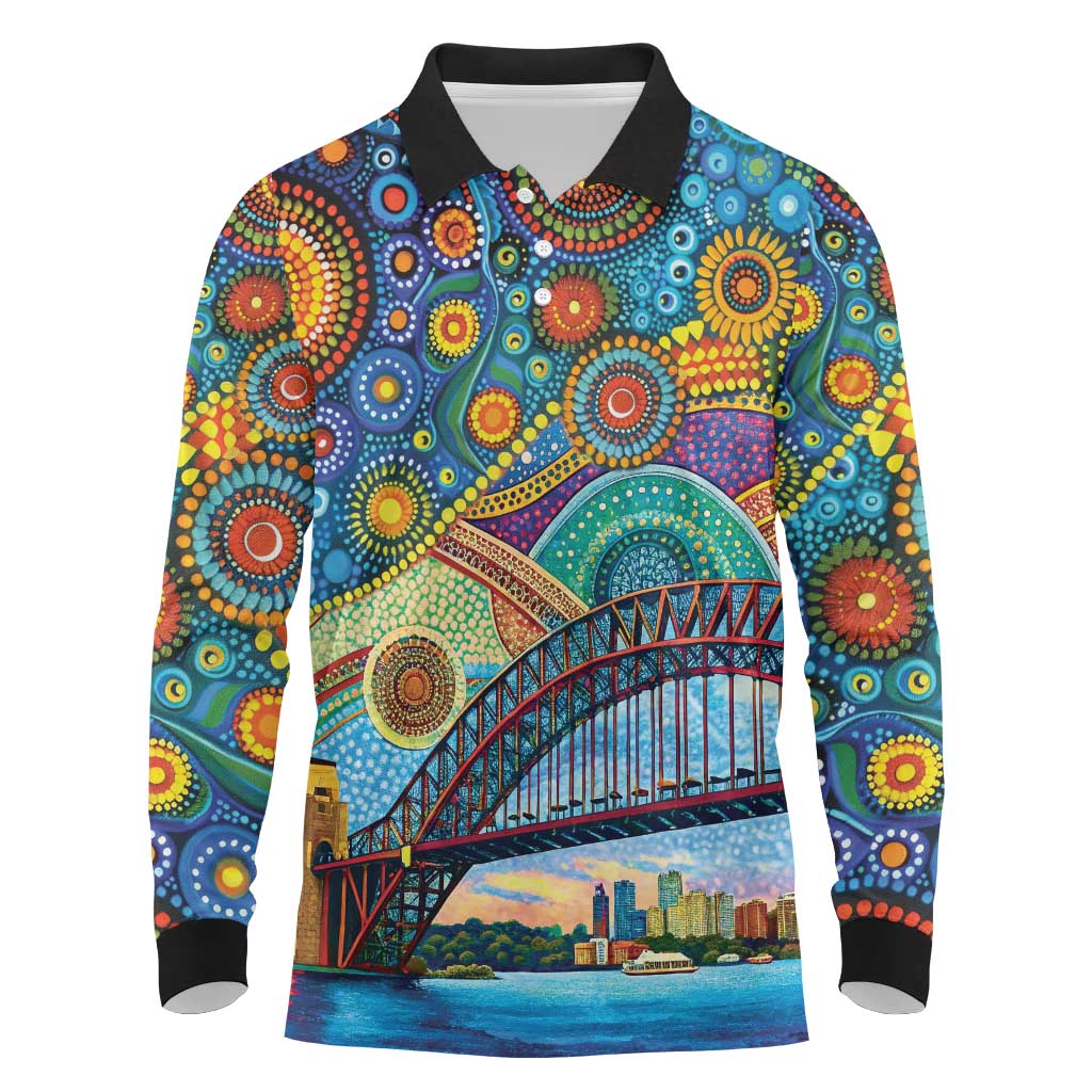 Australian Sydney Harbour Bridge Long Sleeve Polo Shirt Aboriginal Dot Art