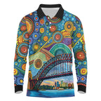 Australian Sydney Harbour Bridge Long Sleeve Polo Shirt Aboriginal Dot Art