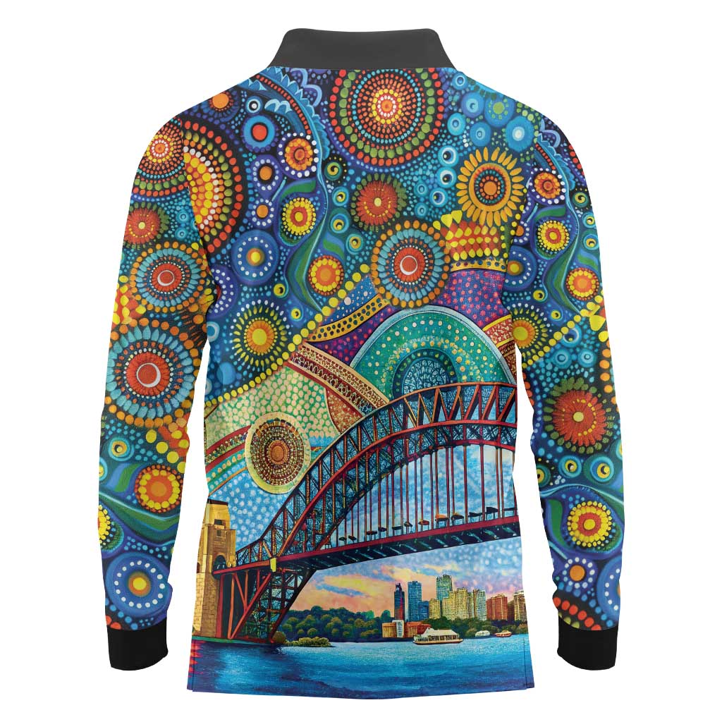 Australian Sydney Harbour Bridge Long Sleeve Polo Shirt Aboriginal Dot Art