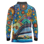 Australian Sydney Harbour Bridge Long Sleeve Polo Shirt Aboriginal Dot Art