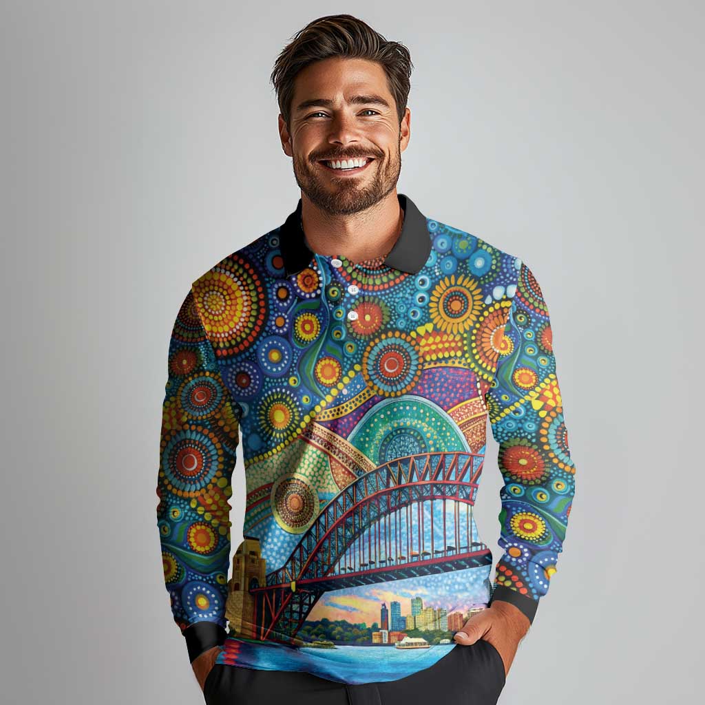 Australian Sydney Harbour Bridge Long Sleeve Polo Shirt Aboriginal Dot Art