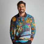 Australian Sydney Harbour Bridge Long Sleeve Polo Shirt Aboriginal Dot Art