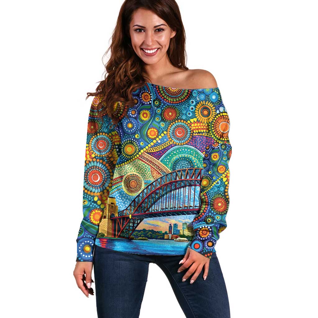 Australian Sydney Harbour Bridge Off Shoulder Sweater Aboriginal Dot Art
