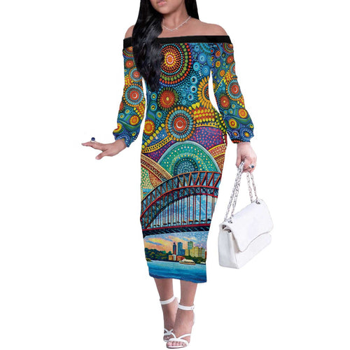 Australian Sydney Harbour Bridge Off The Shoulder Long Sleeve Dress Aboriginal Dot Art