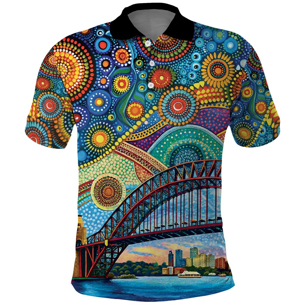 Australian Sydney Harbour Bridge Polo Shirt Aboriginal Dot Art
