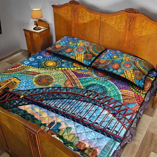 Australian Sydney Harbour Bridge Quilt Bed Set Aboriginal Dot Art