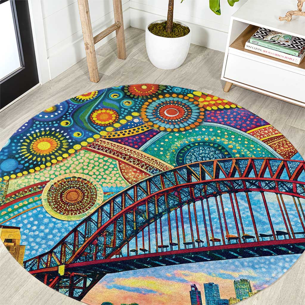 Australian Sydney Harbour Bridge Round Carpet Aboriginal Dot Art