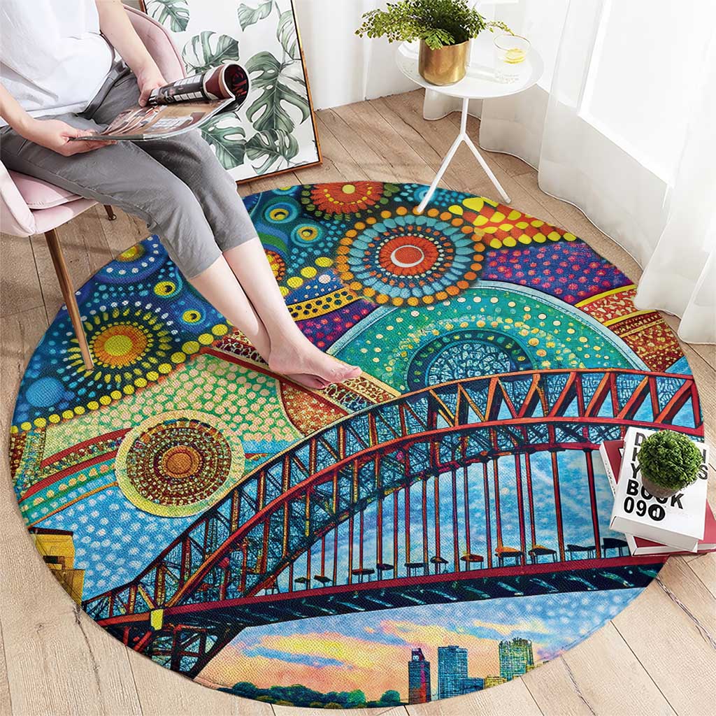 Australian Sydney Harbour Bridge Round Carpet Aboriginal Dot Art