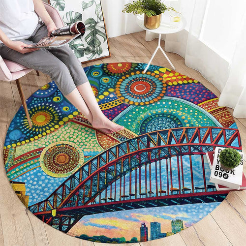 Australian Sydney Harbour Bridge Round Carpet Aboriginal Dot Art