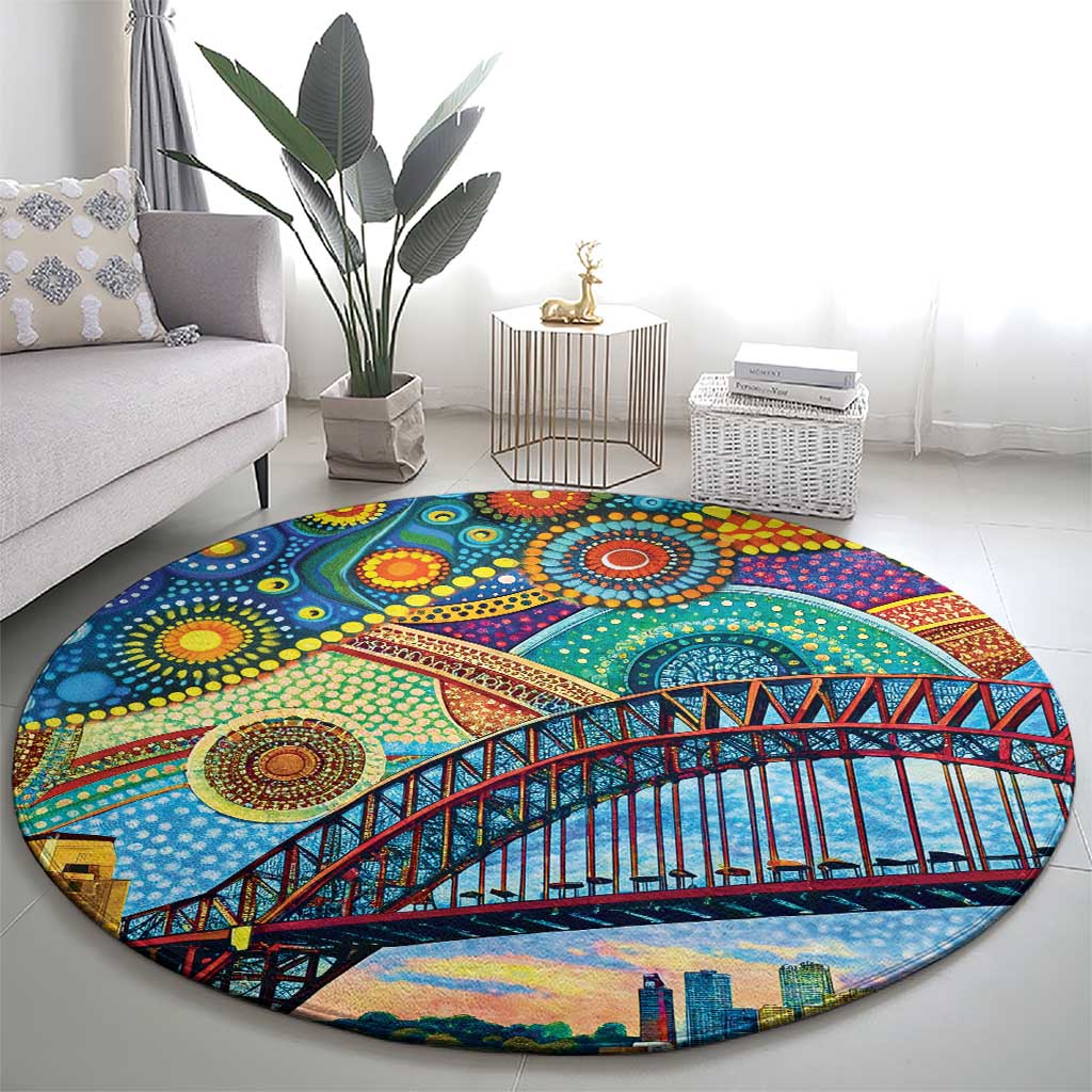 Australian Sydney Harbour Bridge Round Carpet Aboriginal Dot Art
