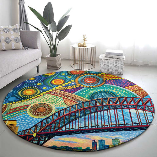 Australian Sydney Harbour Bridge Round Carpet Aboriginal Dot Art