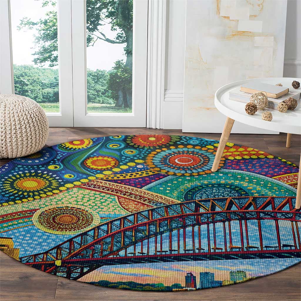 Australian Sydney Harbour Bridge Round Carpet Aboriginal Dot Art