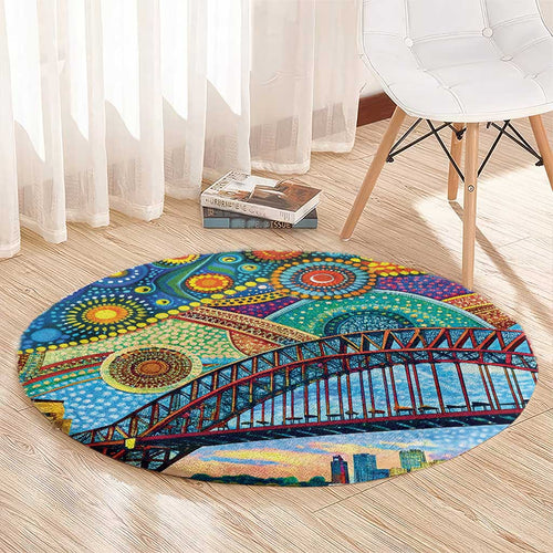 Australian Sydney Harbour Bridge Round Carpet Aboriginal Dot Art
