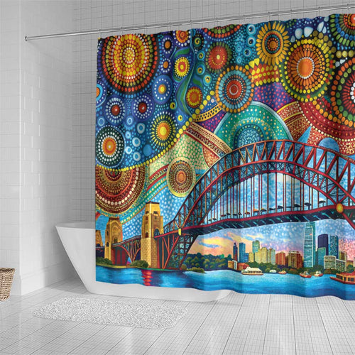 Australian Sydney Harbour Bridge Shower Curtain Aboriginal Dot Art
