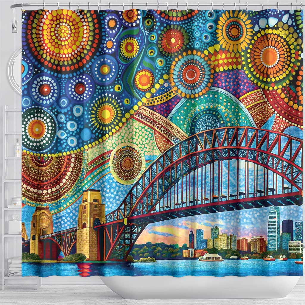 Australian Sydney Harbour Bridge Shower Curtain Aboriginal Dot Art