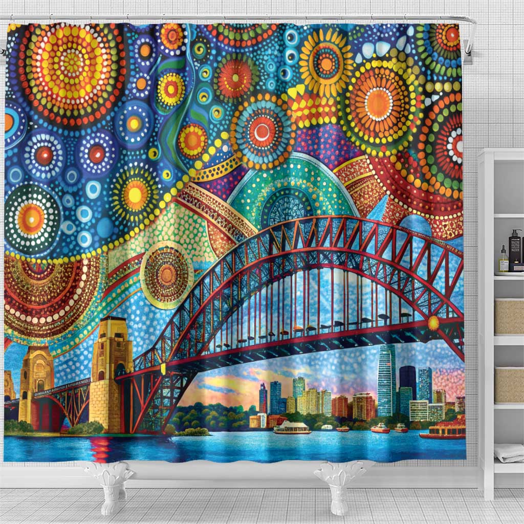 Australian Sydney Harbour Bridge Shower Curtain Aboriginal Dot Art
