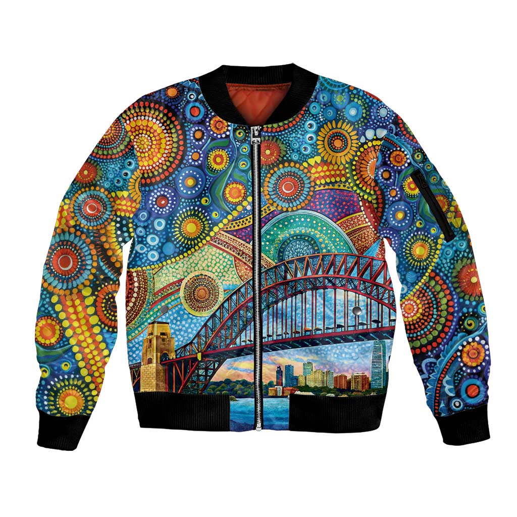 Australian Sydney Harbour Bridge Sleeve Zip Bomber Jacket Aboriginal Dot Art
