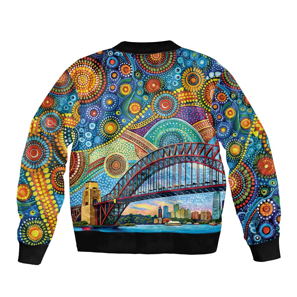 Australian Sydney Harbour Bridge Sleeve Zip Bomber Jacket Aboriginal Dot Art