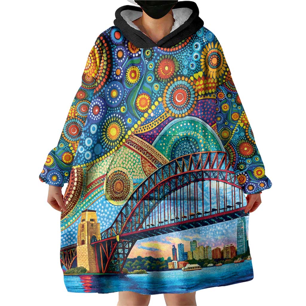 Australian Sydney Harbour Bridge Wearable Blanket Hoodie Aboriginal Dot Art