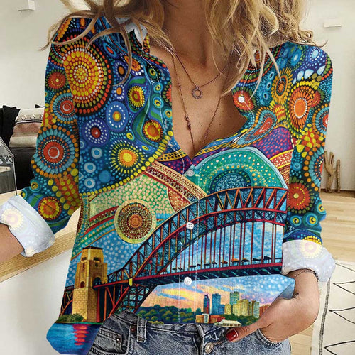 Australian Sydney Harbour Bridge Women Casual Shirt Aboriginal Dot Art