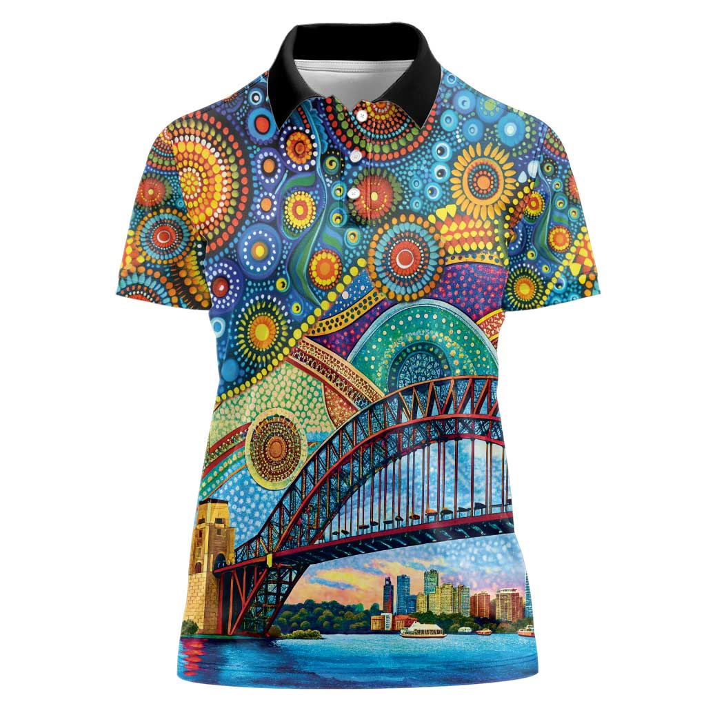 Australian Sydney Harbour Bridge Women Polo Shirt Aboriginal Dot Art