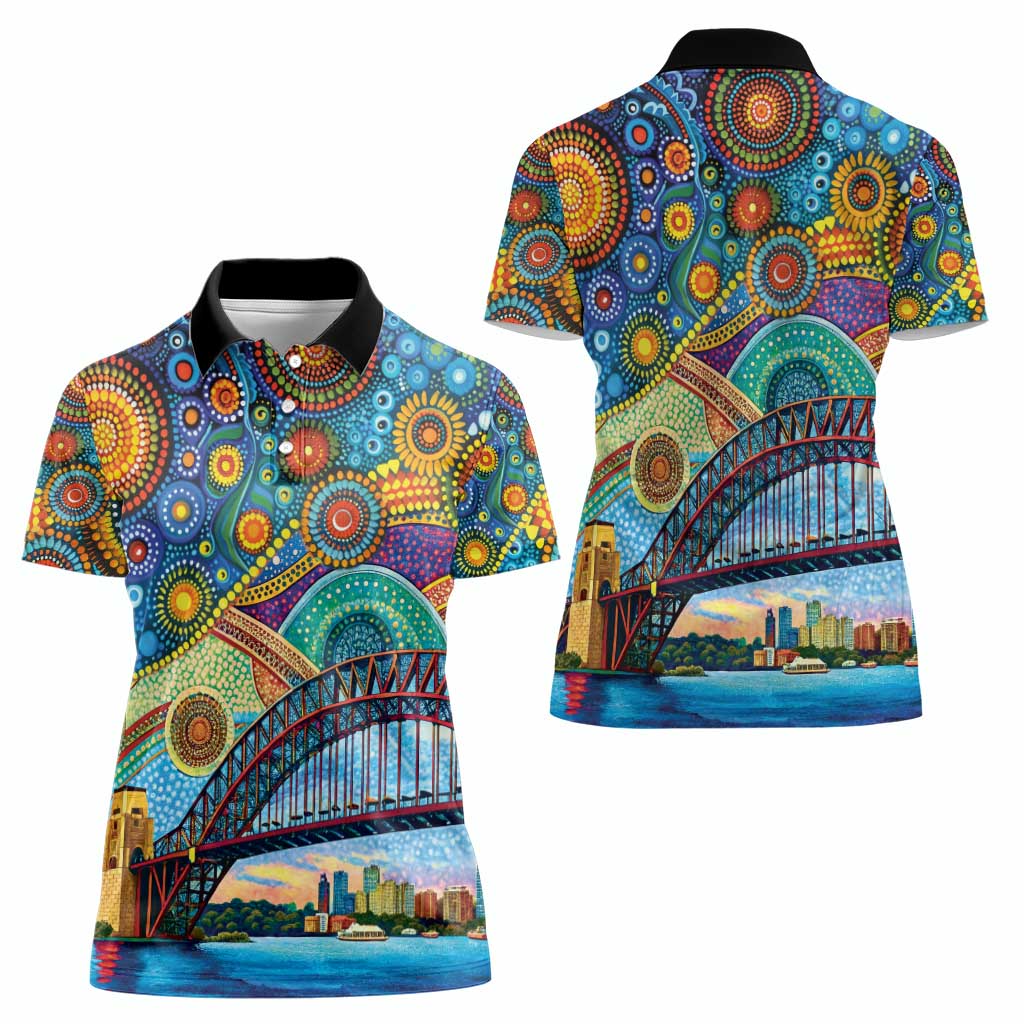 Australian Sydney Harbour Bridge Women Polo Shirt Aboriginal Dot Art