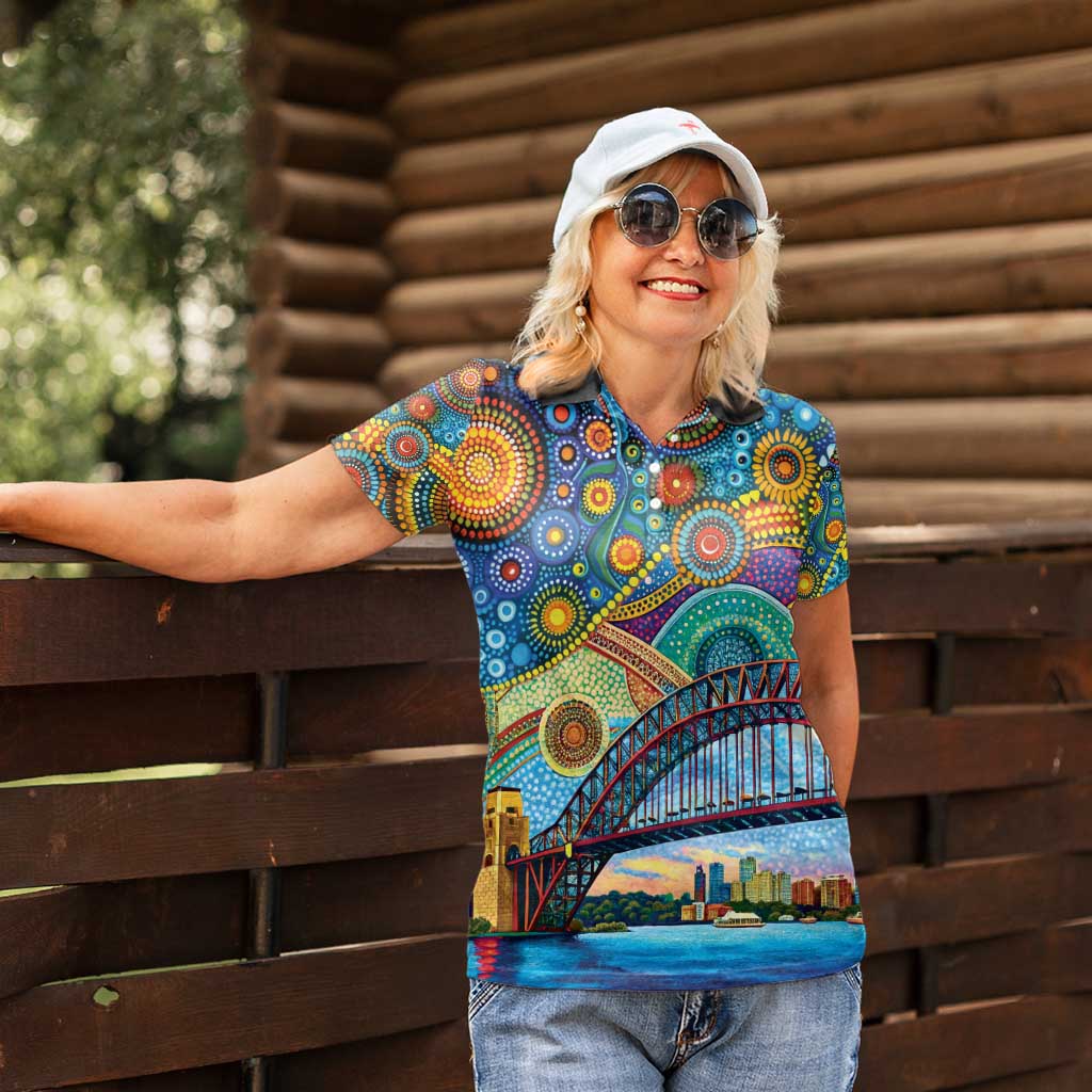 Australian Sydney Harbour Bridge Women Polo Shirt Aboriginal Dot Art