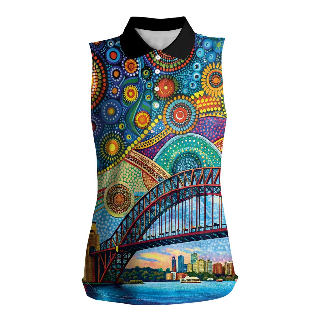 Australian Sydney Harbour Bridge Women Sleeveless Polo Shirt Aboriginal Dot Art