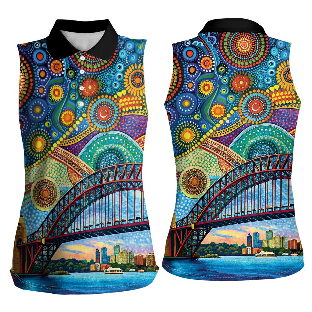 Australian Sydney Harbour Bridge Women Sleeveless Polo Shirt Aboriginal Dot Art