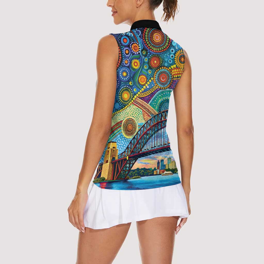 Australian Sydney Harbour Bridge Women Sleeveless Polo Shirt Aboriginal Dot Art