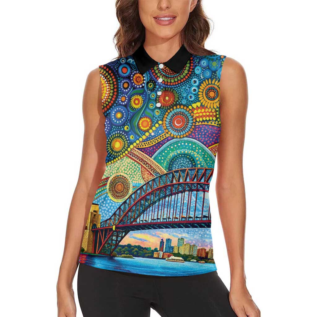 Australian Sydney Harbour Bridge Women Sleeveless Polo Shirt Aboriginal Dot Art
