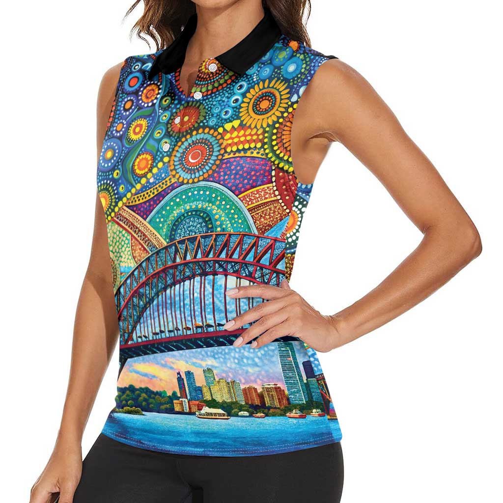 Australian Sydney Harbour Bridge Women Sleeveless Polo Shirt Aboriginal Dot Art