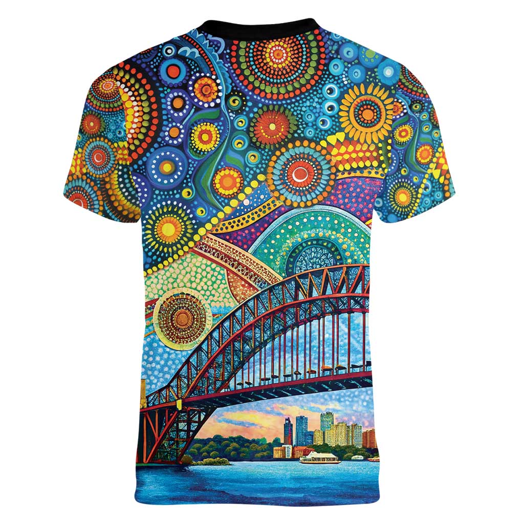 Australian Sydney Harbour Bridge Women V-Neck T-Shirt Aboriginal Dot Art