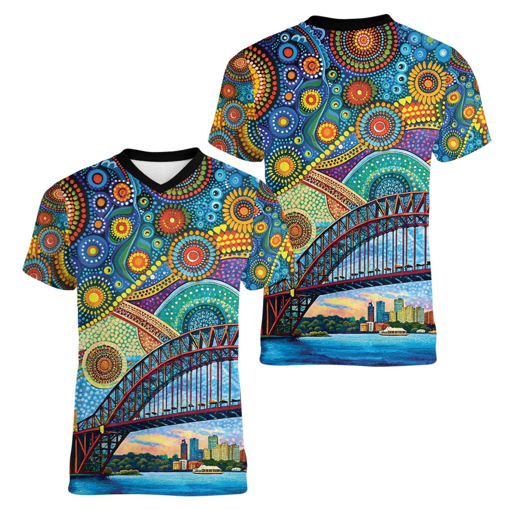 Australian Sydney Harbour Bridge Women V-Neck T-Shirt Aboriginal Dot Art