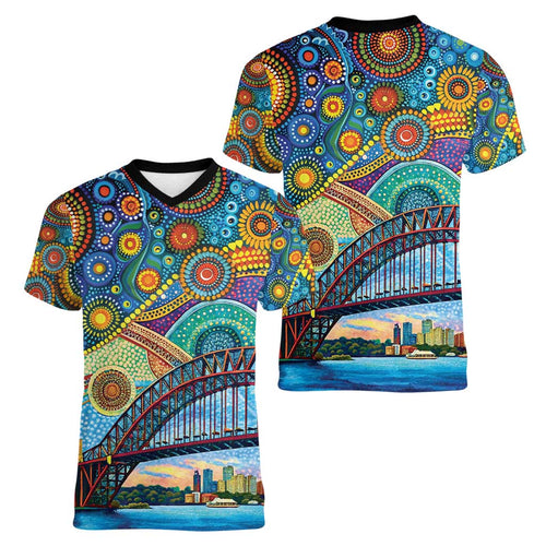 Australian Sydney Harbour Bridge Women V-Neck T-Shirt Aboriginal Dot Art